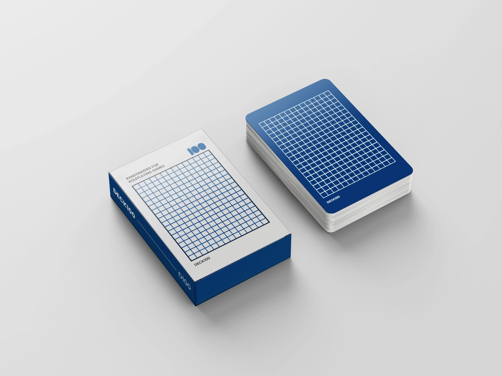 A ¾ top-down image of a mockup of Deck100’s box and cards.