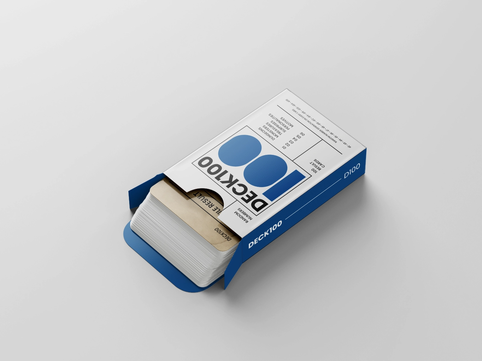 A ¾ top-down image of a mockup of Deck100’s box and cards.