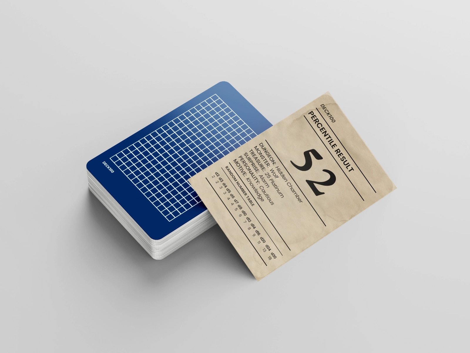 A ¾ top-down image of a mockup of Deck100’s box and cards.
