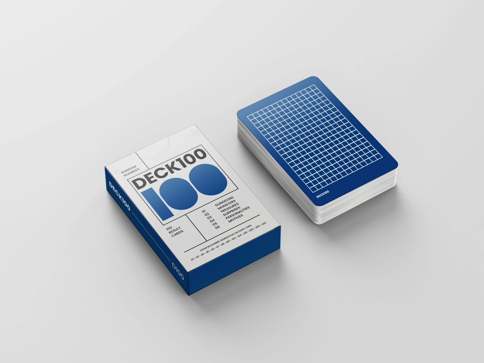 A ¾ top-down image of a mockup of Deck100’s box and cards.