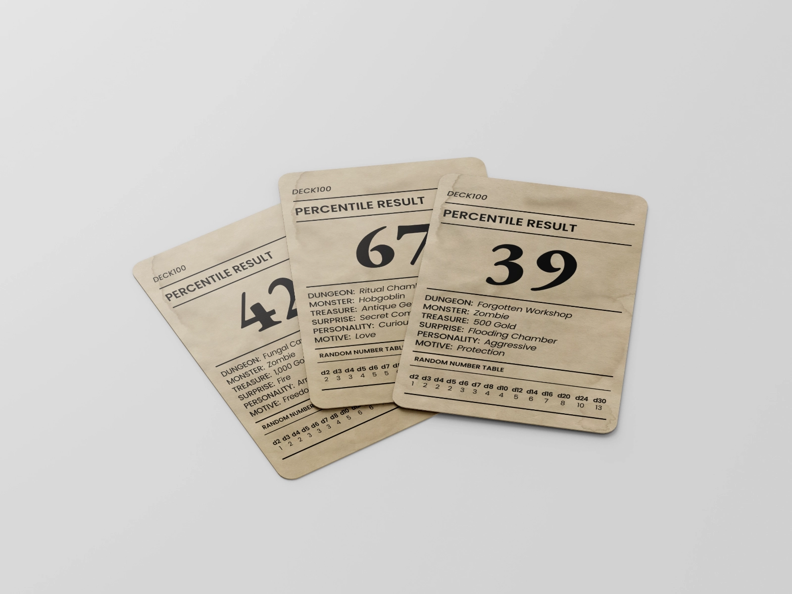 A ¾ top-down image of a mockup of three Deck100 cards.