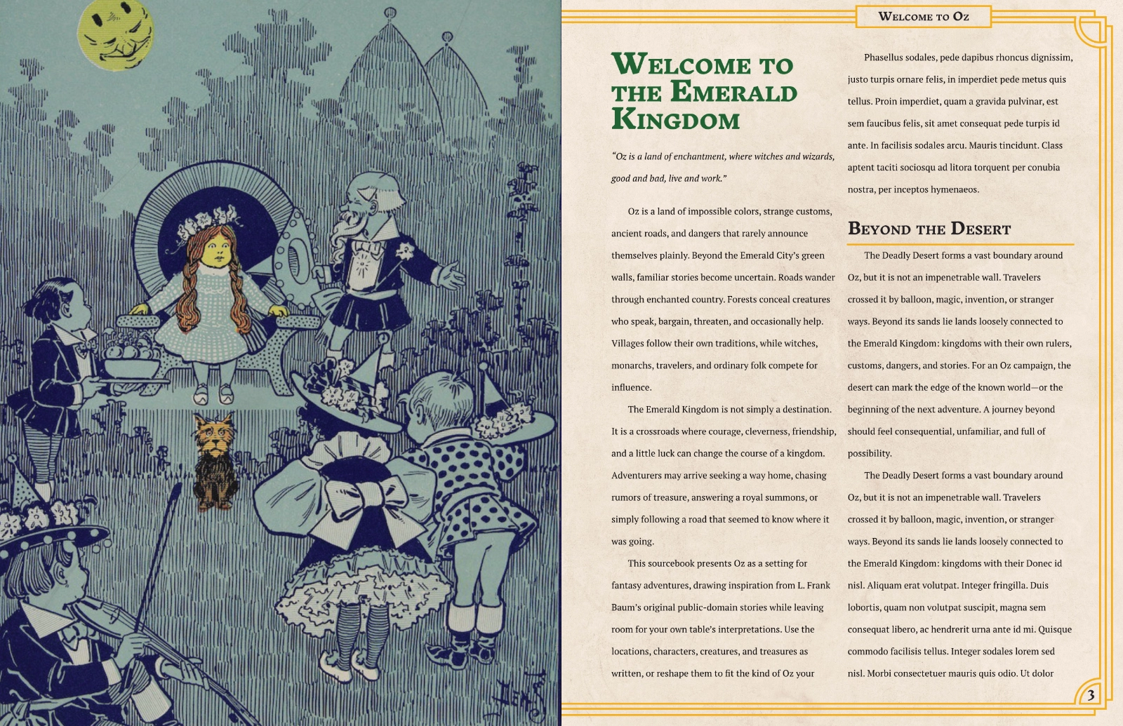 A spread from The Emerald Kingdom of Oz. It is an introduction to the book, with a full-page illustration on the left page and game copy on the right.