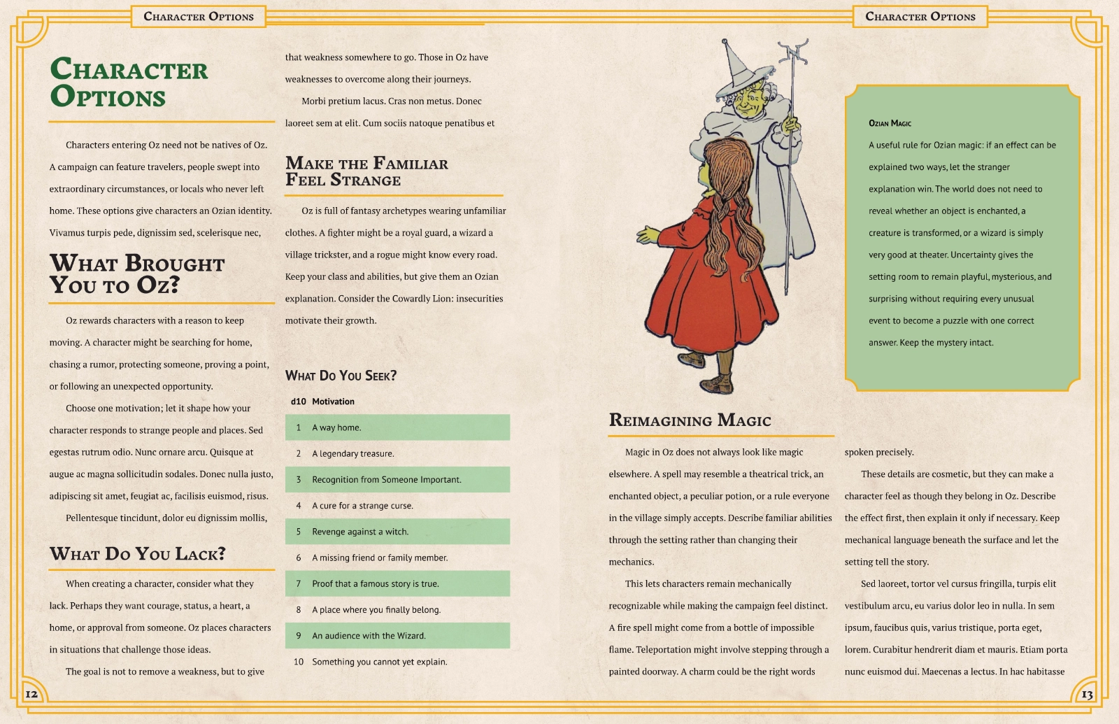 A spread from The Emerald Kingdom of Oz. It is a spread about Character Options. There is a rolling table on the left page and an illustration of Dorothy and Glinda on the right page.