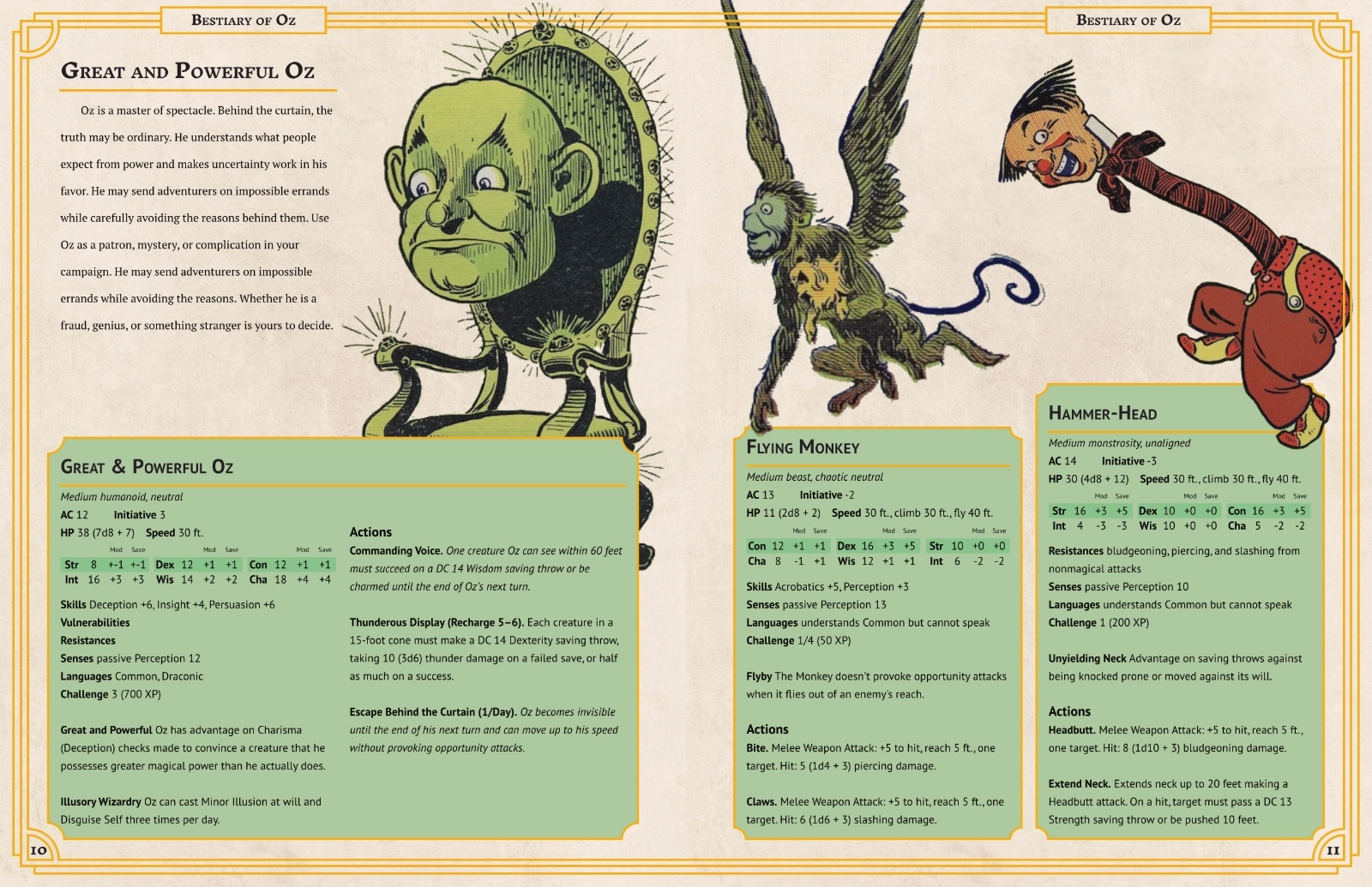 A spread from The Emerald Kingdom of Oz. It is a bestiary spread with the monster The Great & Powerful Oz on the left page and the monsters A Flying Monkey and A Hammer-Head on the right page.