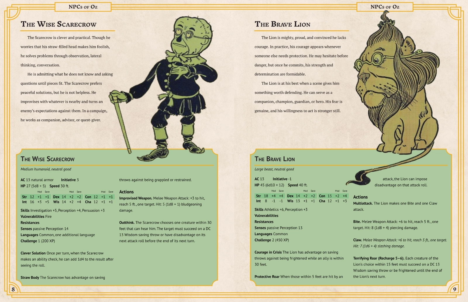 A spread from The Emerald Kingdom of Oz. It is a spread of NPCs with the Scarecrow and its statblock on the left page and the Lion and its statblock on the right page.