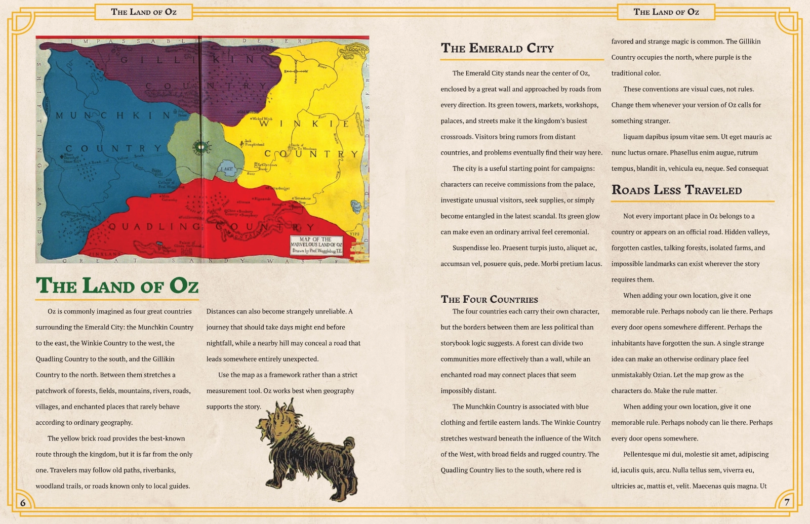 A spread from The Emerald Kingdom of Oz. It is about the land of Oz and its peoples. On the left there is a map of Oz.